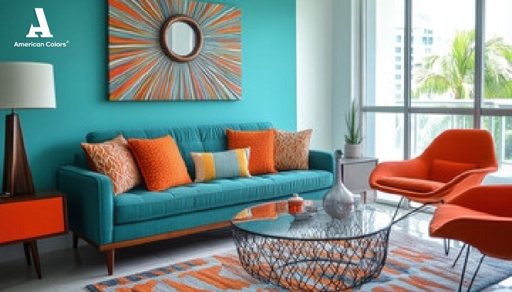Combinación de colores para sala que utiliza tonos entre turquesa y naranja Combinación de colores para sala que utiliza una gama de tonos vibrantes entre turquesa y naranja para un apartamento con balcón