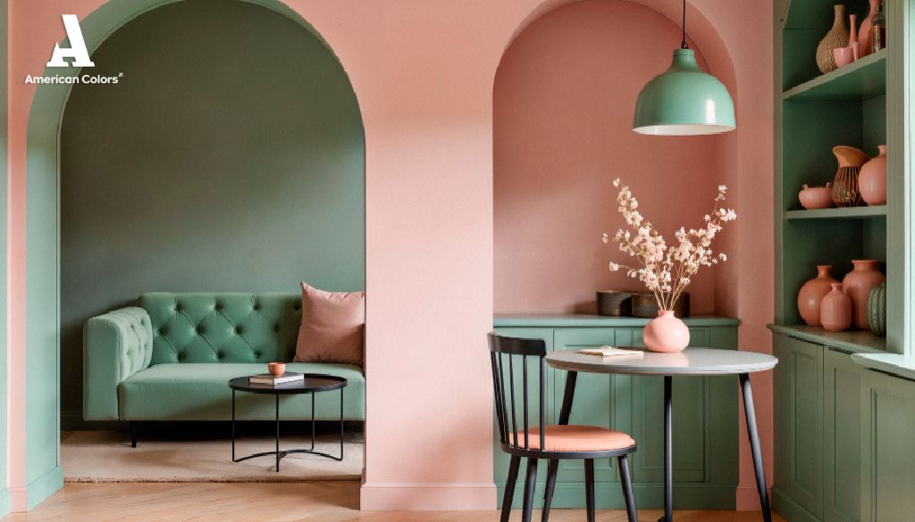 Sala decorada con pintura en tonos rosa y verde pastel: una suave combinación de colores para sala Interior de una sala con paredes en tonos rosa y verde pastel, arcos decorativos, sofá verde, cojín rosa y mesa de comedor negra, mostrando una delicada combinación de colores para sala