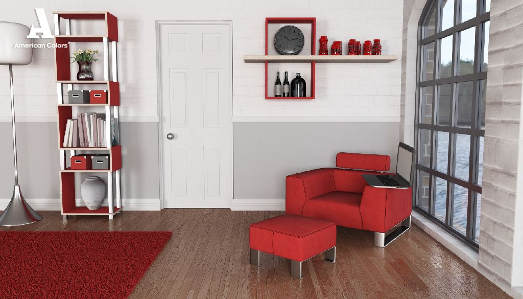 Tonalidades en rojo y blanco que muestran la paleta de colores peruanos para interiores en una sala pequeña