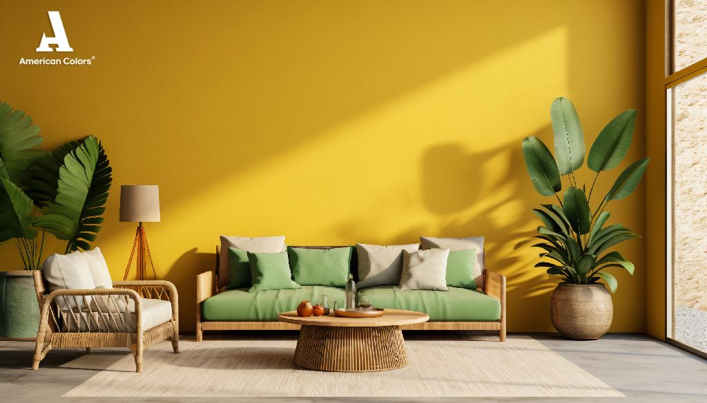  Sala de estar moderna con pared amarilla, sofá verde, muebles de mimbre y plantas tropicales, evocando los colores de la selva peruana 