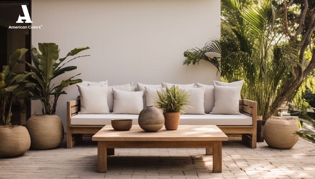 Sala de estar exterior decorada con un estilo que muestra los colores de la selva peruana